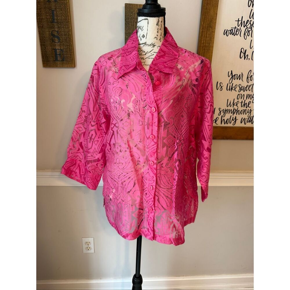 Choices Women's Geometric Print Sheer 3/4 Sleeve Button Down Blouse Pink Size 1X